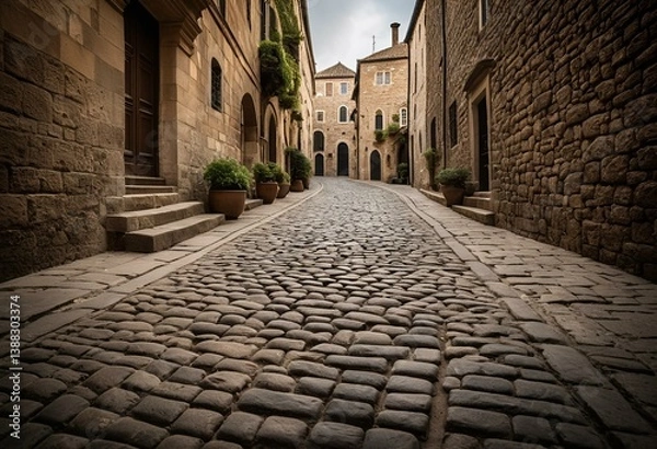 Obraz A cobblestone street in an old town with stone buildings.