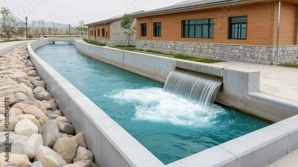 Fototapeta Large mechanical bar screen filtering solid waste at initial stage of sewage treatment in open channel