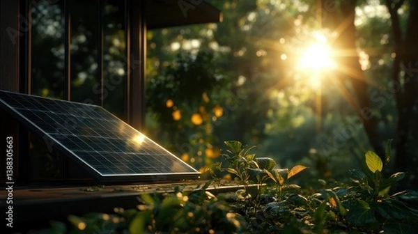 Fototapeta A close-up view of a solar panel reflecting sunlight amidst lush greenery, symbolizing sustainability and the harmony between technology and nature.