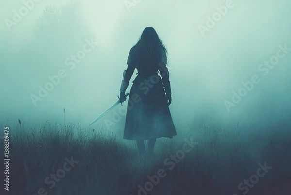 Fototapeta A girl dressed as Jeanne d'Arc, wearing armor and holding a sword, is standing in a meadow, captured in a close-up shot