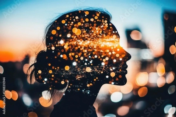 Obraz The image of a dreamy, cute woman in meditation outdoors with closed eyes is combined with a photograph of nature at sunrise or sunset, symbolizing the power of the mind