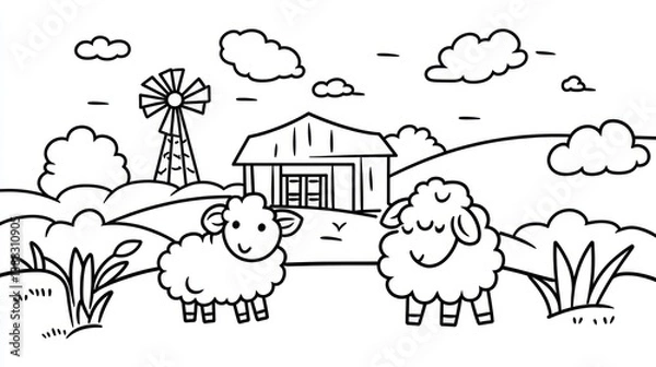 Fototapeta Black and white farm scene with sheep and windmill. Coloring page