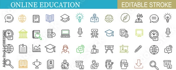 Fototapeta   Editable stroke line icons set for online education, virtual learning, digital classroom, and remote