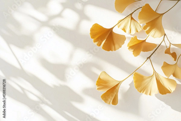 Fototapeta Vibrant golden ginkgo leaves are gracefully arranged on a white background, creating intricate shadows that enhance the elegant and natural aesthetic of the composition.
