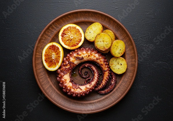 Obraz Professional top-down shot of grilled octopus and roasted potatoes, garnished with olive oil and lemon. Rustic plating stands out against the deep black backdrop in HD clarity.


