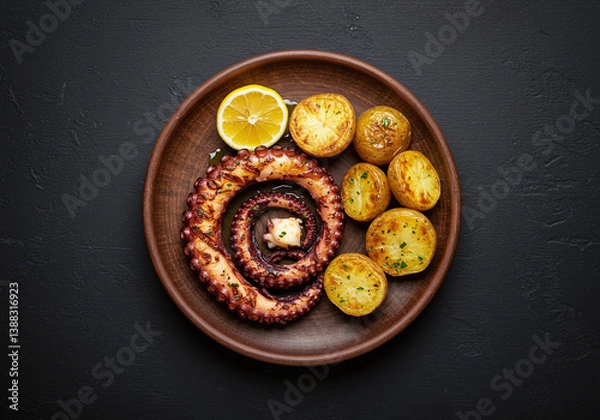 Obraz High resolution image of tender grilled octopus with smoked paprika and lemon zest, plated on rustic stoneware with potatoes. A refined, centered dish on a rich black background.