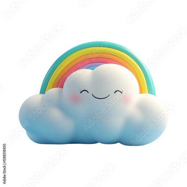 Fototapeta Fluffy 3D Cartoon Cloud Puffing Out Soft Rainbows with Smiling Face Isolated on Transparent Background