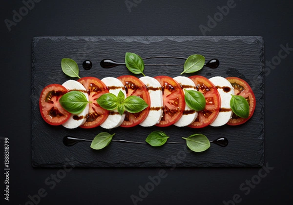 Obraz Top-down view of a Caprese salad with heirloom tomatoes, fresh mozzarella, and basil, drizzled with balsamic glaze. Artfully plated on slate, isolated on black in crisp detail.