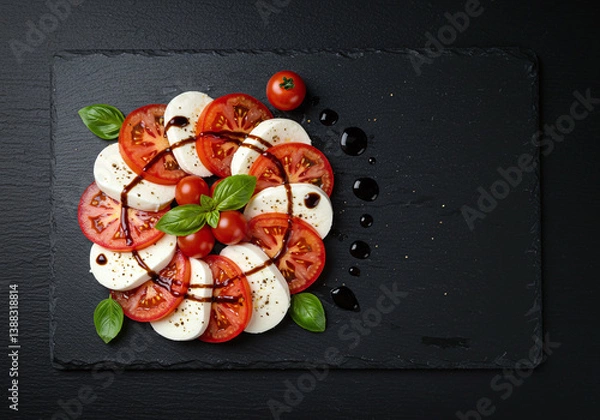 Obraz Caprese salad plated with symmetry and elegance heirloom tomatoes, basil, and mozzarella topped with balsamic glaze. Professional top view on slate, isolated on black.

