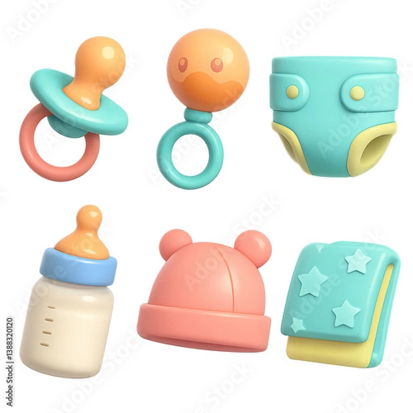 Fototapeta Set of 3D style baby care icons: pacifier, rattle, diaper, milk bottle, baby hat, and blanket with stars. Isolated on transparent background. Concept of newborn care, baby essentials, and parenthood