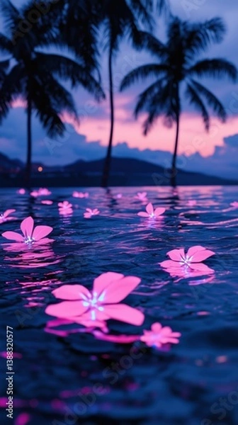 Obraz A Serene Tropical Nightscape: Glowing Pink Flowers Float on Water Beneath Silhouetted Palm Trees at Twilight