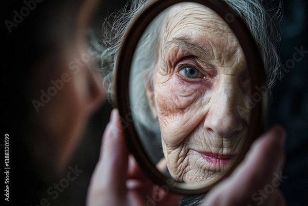 Fototapeta Close-up of an elderly woman's reflection in a hand-held mirror, capturing her introspective contemplation and the detailed texture of her aged skin in a dramatic and intimate moment.
