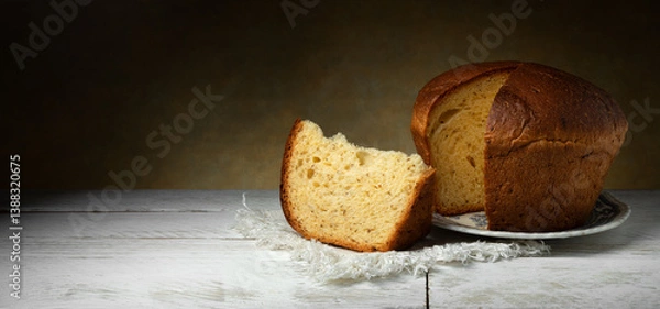 Fototapeta Torta al formaggio, Easter Pizza. Traditional Italian baked product with eggs and various cheeses on old wooden table, space for text.