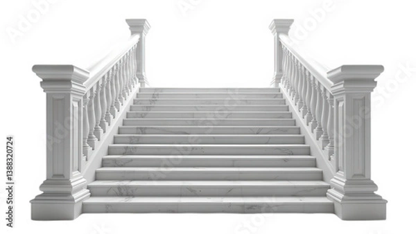 Fototapeta A frontal view of a white marble staircase with balustrades against a black background in a studio shot