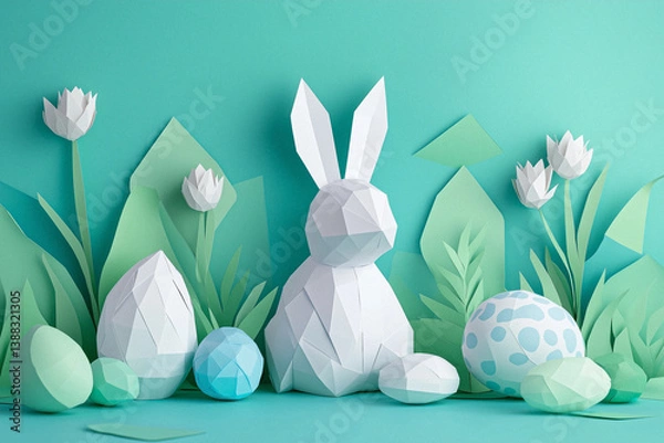 Fototapeta A charming scene showcasing an origami chick between geometric eggs and spring flowers in a lush green meadow, embodying the festive and joyful vibe of the spring and Easter season.