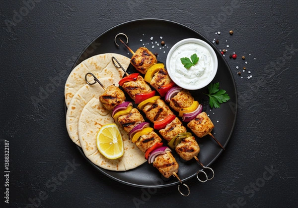 Obraz Professional food shot of grilled chicken souvlaki skewers, pita bread, and tzatziki, with vibrant veggies. Top-down view, centered plating, set against a solid black background.
