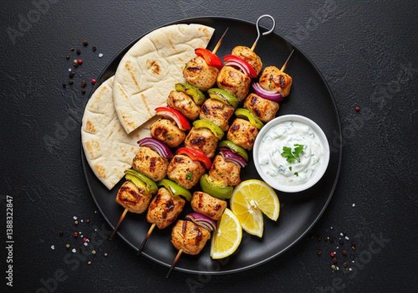 Obraz Top view of chicken souvlaki skewers with grilled onions and peppers, served with warm pita and creamy tzatziki. Centered on the plate, isolated on black in rich high-resolution.
