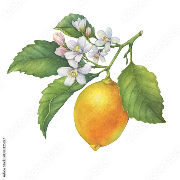 Fototapeta Fresh citrus lemons fruit. A branch of a lemon tree with green leaves and flowers. Watercolor, hand drawn illustration on white background	