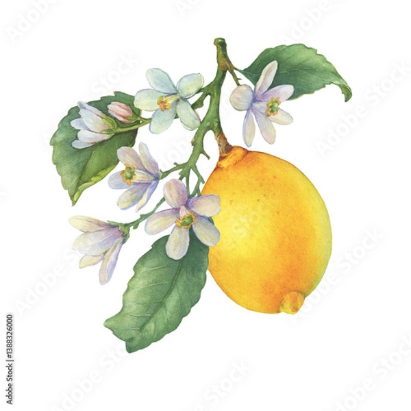 Fototapeta Fresh citrus lemons fruit. Lemon tree branch with green leaves and flowers. Watercolor hand-drawn illustration on white background	