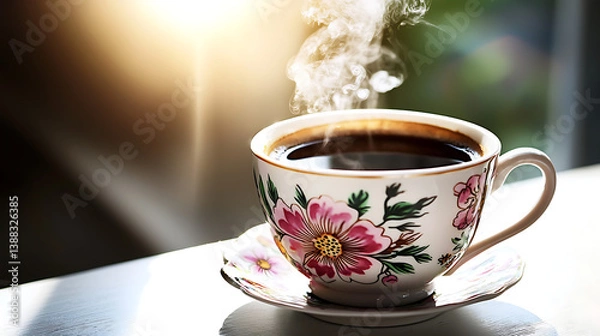 Obraz A cup of coffee with steam coming out of it. Generated using AI.