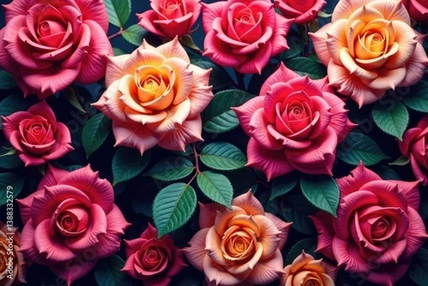 Fototapeta Intricate, repeating rose blossoms in vibrant hues , design element, background, repeating pattern