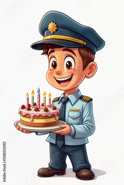 Fototapeta Cute 3D cartoon boy pilot character in uniform holding birthday cake with candles, joyful aviation-themed celebration with childlike charm and flight attire