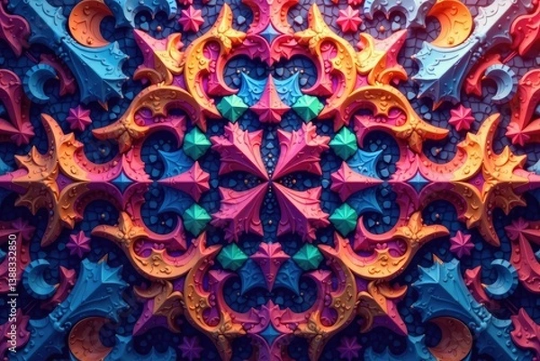 Fototapeta Intricate tessellation of geometric shapes in vibrant hues, repeating, abstract