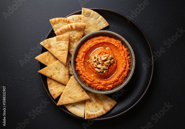 Obraz Savory roasted pepper and walnut dip in a handcrafted bowl with toasted pita, centered perfectly. Isolated on solid black background, captured in crisp, high-resolution detail.