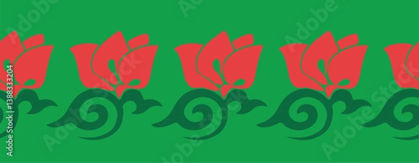 Obraz Floral pattern Tatar Native Ornamental border with tulips. Culture of the Tatar people, symbols of green and red