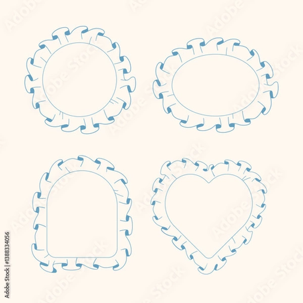 Fototapeta Set of cute blue hand-drawn frames with ruffles in round, oval, arched, and heart shapes. Perfect for baby design, scrapbooking, cards, and children's decor.