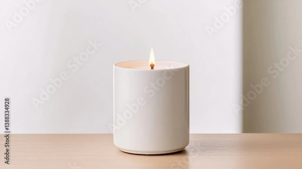 Fototapeta A lit white candle sits on a light wood surface. The candle is cylindrical and in a minimalist style. The image is high quality with soft lighting. Warm, calming colors create a peaceful mood. The b