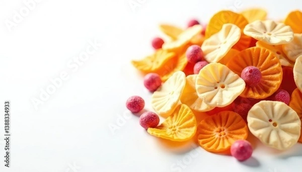 Obraz Pile of colorful candy, chips, and soda on white background, chips, sweets