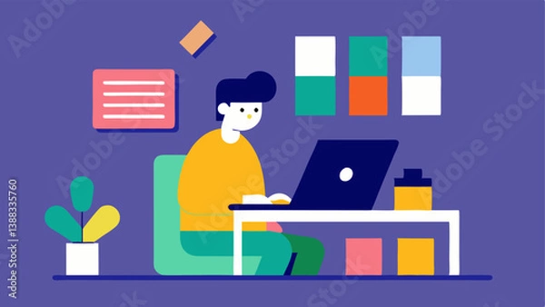 Obraz Designer at Laptop A designer sitting at a desk with a laptop sketching room layouts while surrounded by color swatches and fabric samples.