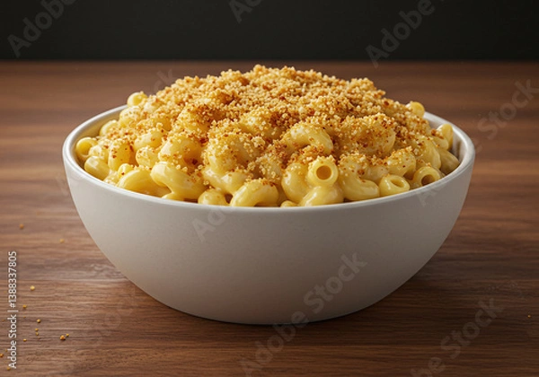 Obraz mac and cheese in a bowl on a wooden table, with rich pasta and a crispy topping. High-res close-up shot with soft lighting, creating a sharp focus and appetizing appeal.

