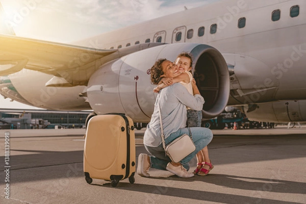 Obraz A touching loving moment shared between a caring mother and her child taking place at an airport near an airplane