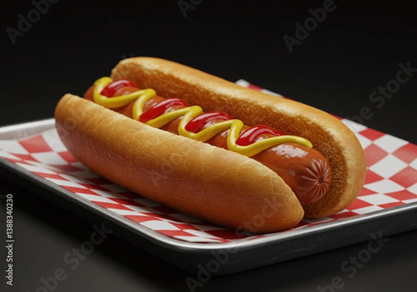 Obraz A detailed close-up of a classic hot dog, topped with mustard and ketchup, placed on a checkered paper tray. The glossy sausage and toasted bun are perfectly lit for a vibrant presentation.
