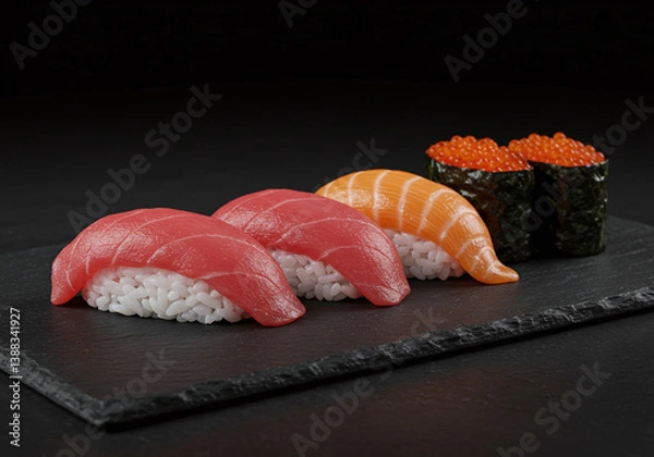 Fototapeta Macro shot of a premium sushi platter on matte black slate, showcasing vibrant tuna, salmon, and delicate rice textures. The sleek design and soft lighting create an elegant, appetizing look.


