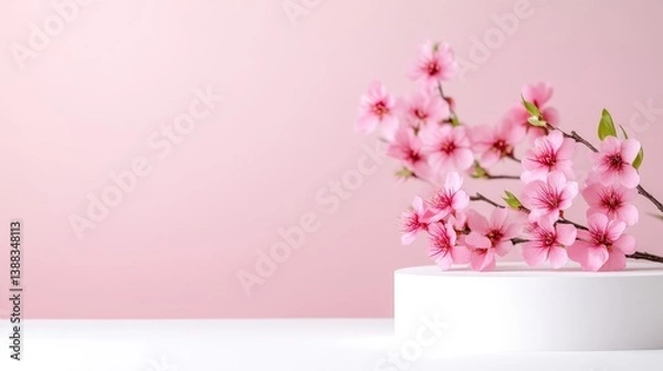 Obraz Pink cherry blossoms adorn a white cylindrical pedestal against a pale pink background. The image is clean and simple, with soft lighting. It has a delicate, feminine aesthetic. The color palette is