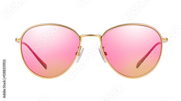 Obraz Retro sunglasses with golden frame and pink lenses, shiny reflections and photorealistic finish, PNG on white