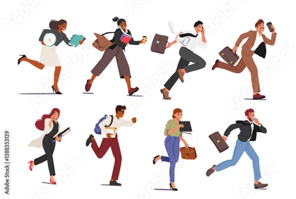 Obraz Businesspeople cartoon characters rushing running work or business meeting being late isolated set