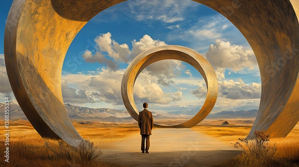 Obraz Man Contemplating Monumental Rings, Desert