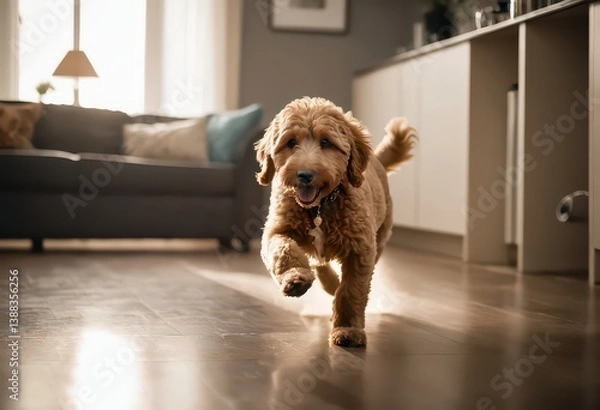 Fototapeta goldendoodle dog playing happy in interiors of a cozy apartment, doggy running at home in a warm apartment, pet inside a room of the house