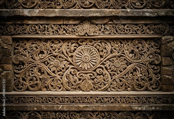 Fototapeta A stone wall with a decorative design on it.