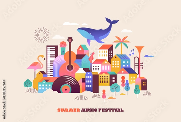 Fototapeta Colorful geometric summer music festival background, poster, banner. Summer time fun concept design promotion design. Vector illustration