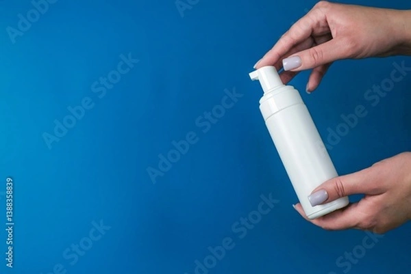 Fototapeta Close-up of two hands holding a white dispenser bottle on a blue background with space for text. The concept of foam cleansers, skin cleansers.