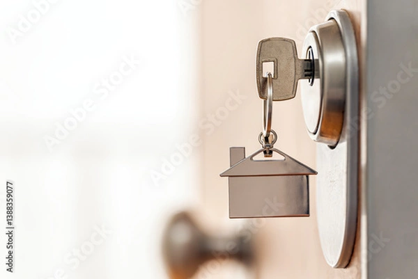 Obraz Close up of house key with keychain into door lock. Real estate and home security. Copy space.