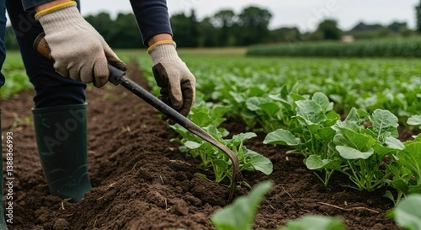 Obraz Farmer Using a Manual Weed Puller in a No-Till Field