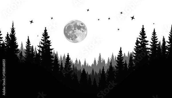 Fototapeta Silhouette of dark forest beneath moon and stars, nighttime serenity