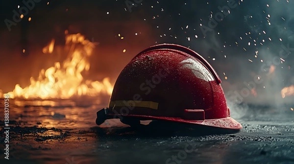 Fototapeta Red firefighter helmet on wet ground with flames and sparks in background, dramatic emergency scene portraying danger and heroism in first responder service.