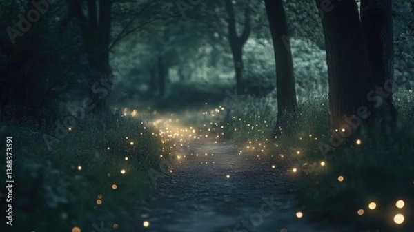 Fototapeta Mystical Forest Path Illuminated by Twinkling Lights and Enveloped in Mist